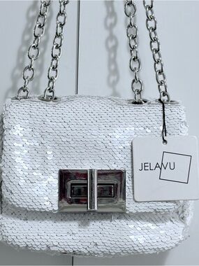NWOT Jeluva White Sequence Sequin Silver Tone Chain Crossbody Shoulder Bag